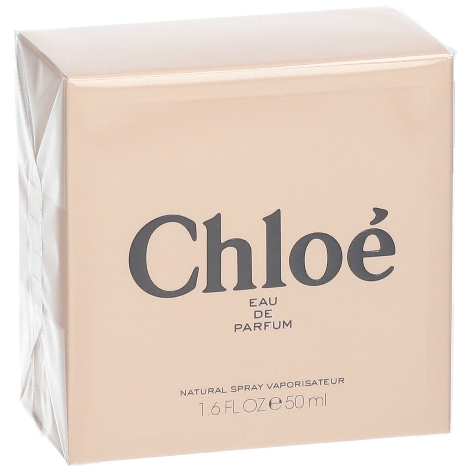 Scatola beige con logo Chloé, Eau de Parfum, Natural Spray Vaporisateur. 1.6 FL OZ e 50 ml.