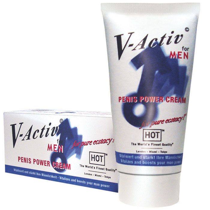 Tubo e scatola di crema. Scritta: V-Activ for MEN, Penis Power Cream. Logo: simbolo di mascolinità stilizzato.