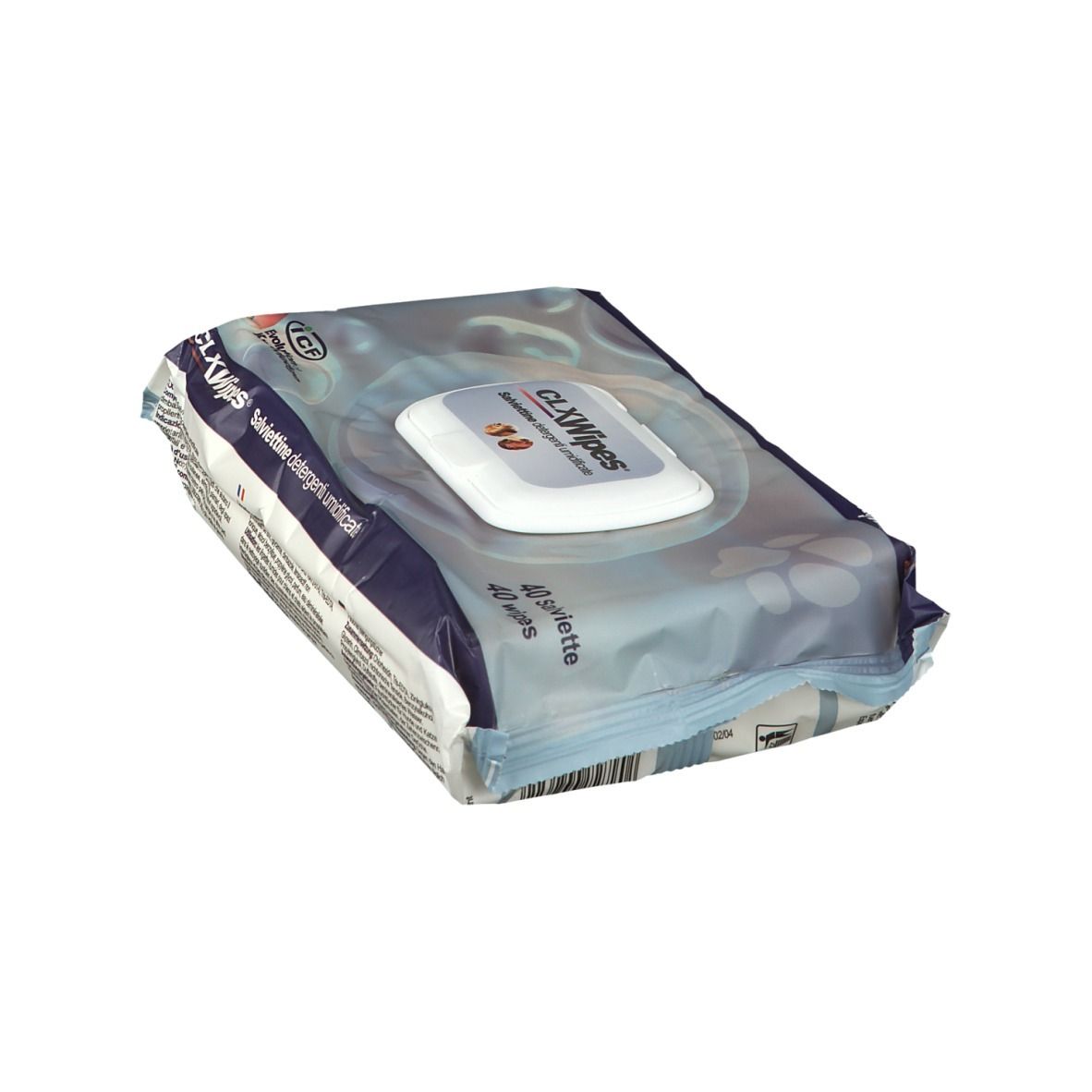Confezione di salviette. Scritta: CLX Wipes. 40 salviette. Confezione con coperchio bianco. Confezione blu e bianca.