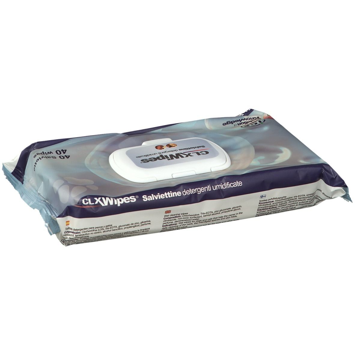 Confezione di salviette. Scritta: CLX Wipes. 40 salviette. Confezione con coperchio bianco. Confezione blu e bianca.