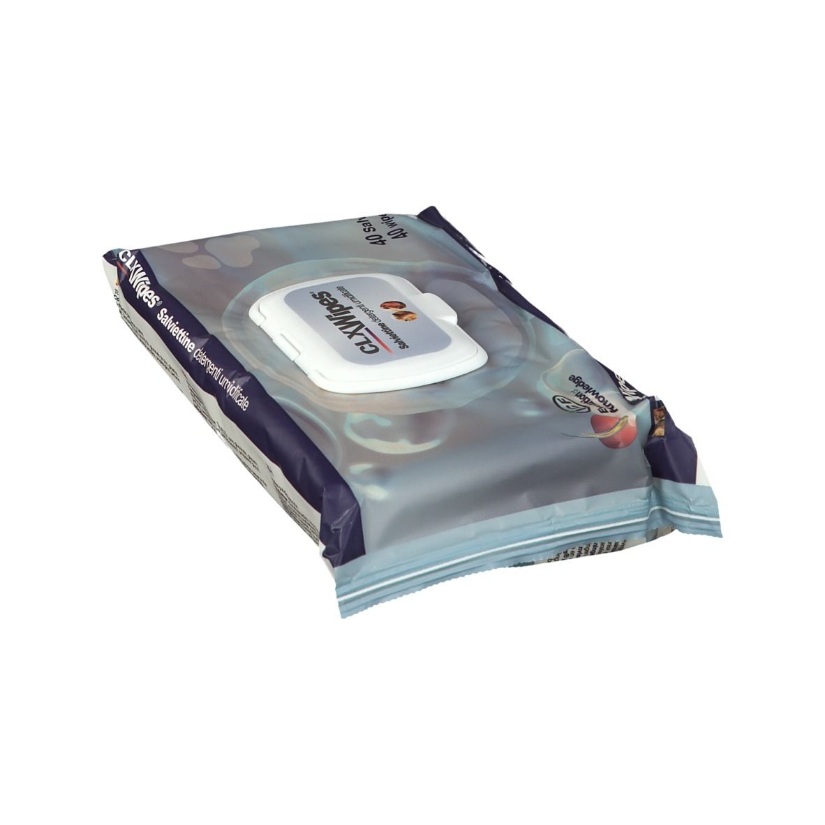 Confezione di salviette. Scritta: CLX Wipes. 40 salviette. Confezione con coperchio bianco. Confezione blu e bianca.