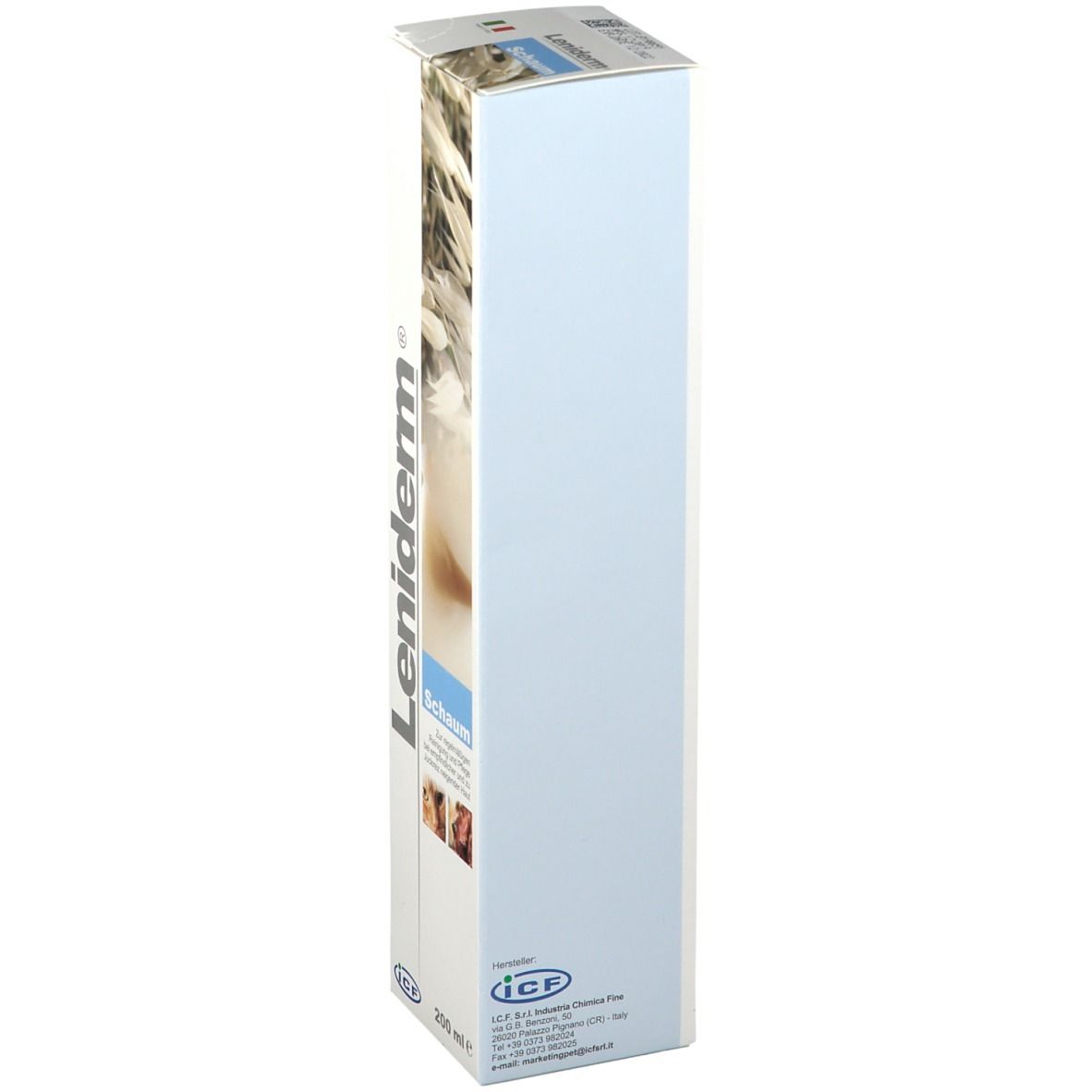 Vista laterale della confezione di Leniderm® Schaum. Bianca, allungata, con nome del prodotto e logo.