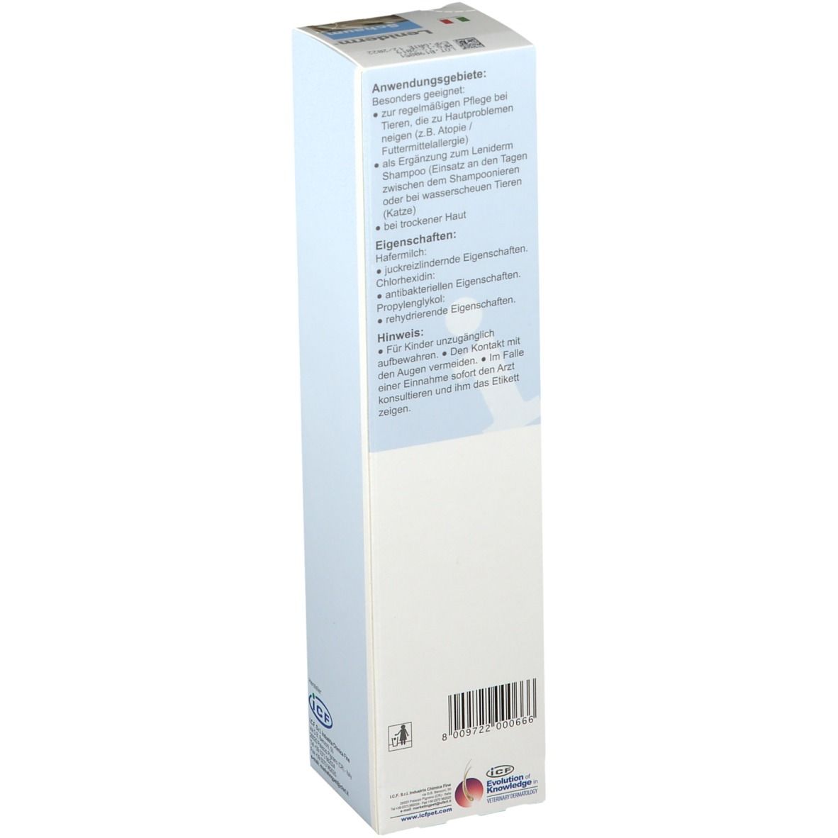 Retro della confezione di Leniderm® Schaum. Testo con indicazioni e proprietà.