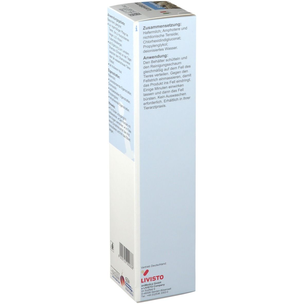 Retro della confezione di Leniderm® Schaum. Testo con ingredienti e istruzioni per l'uso.