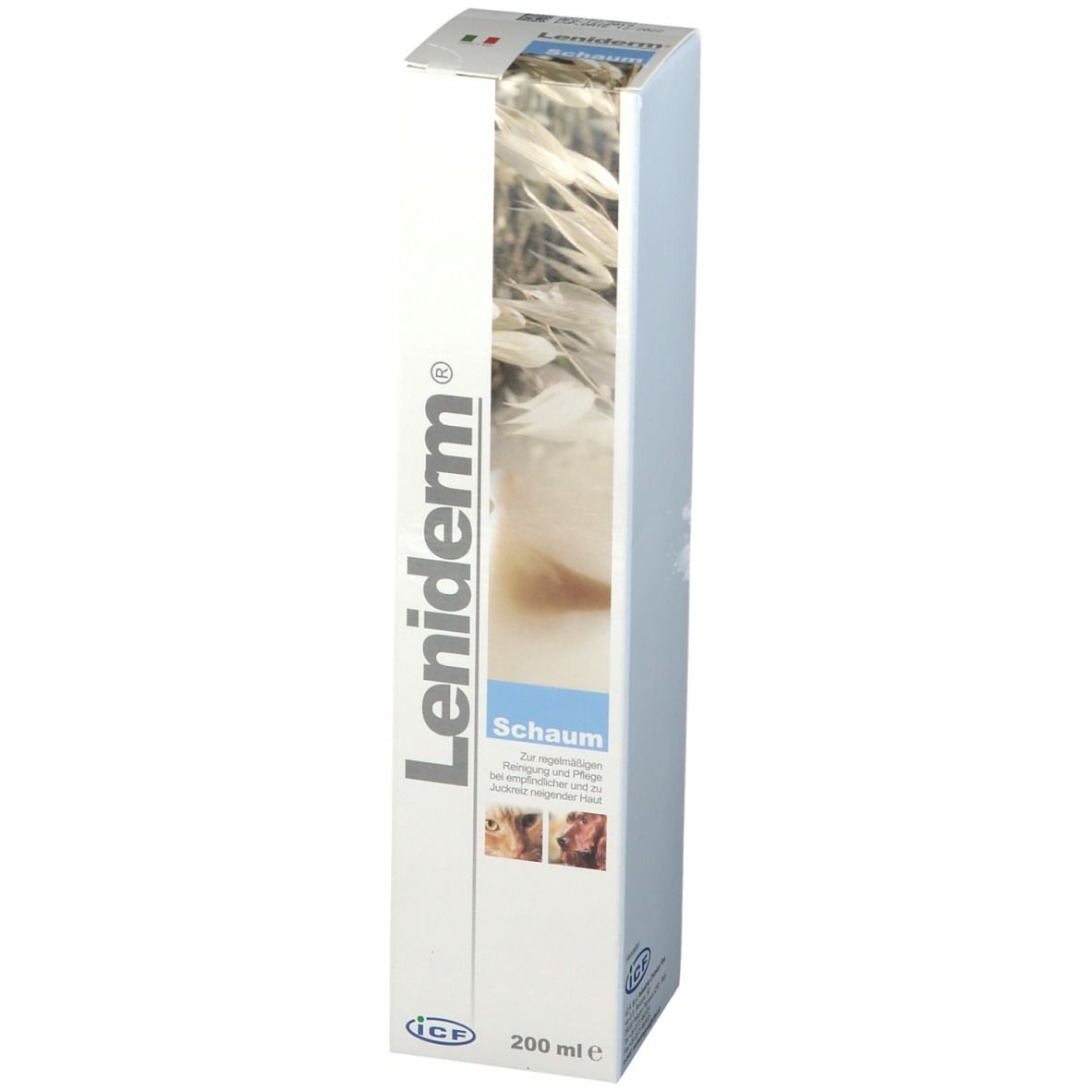 Confezione di Leniderm® Schaum. Bianca, allungata, con nome del prodotto e illustrazioni. 200 ml.