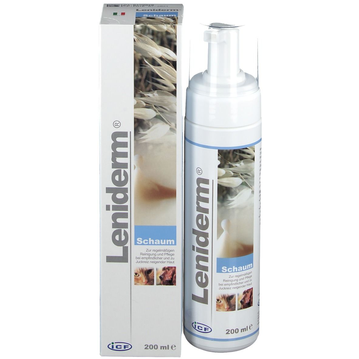 Confezione e flacone di Leniderm® Schaum. Bianco, con nome del prodotto e illustrazioni. 200 ml.