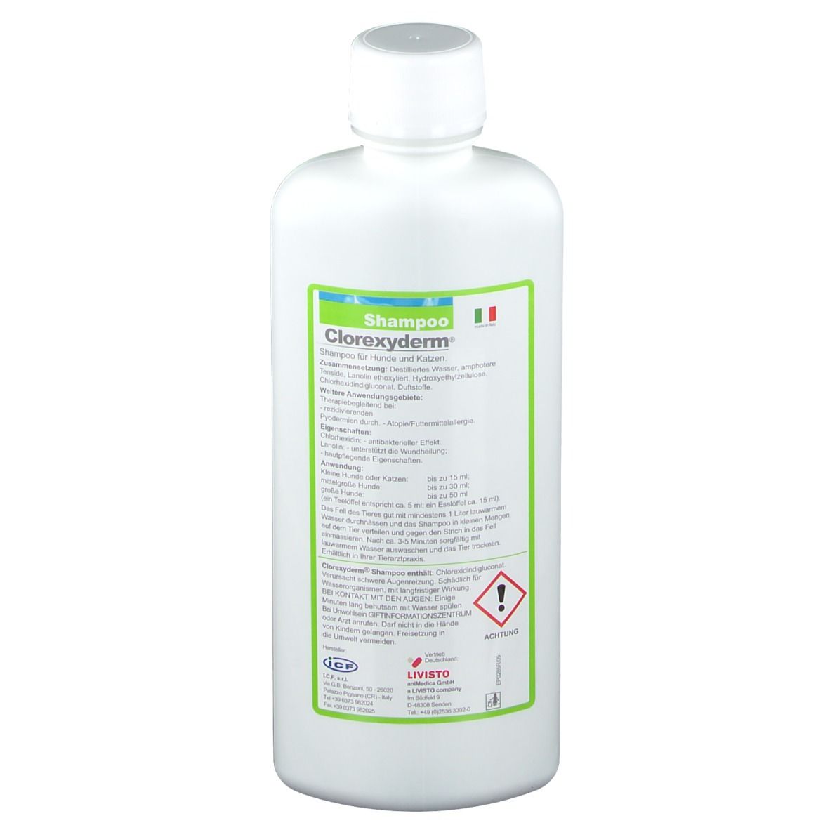 Retro di un flacone bianco con etichetta verde. Scritta Clorexyderm® Shampoo. Testo e avvertenza.