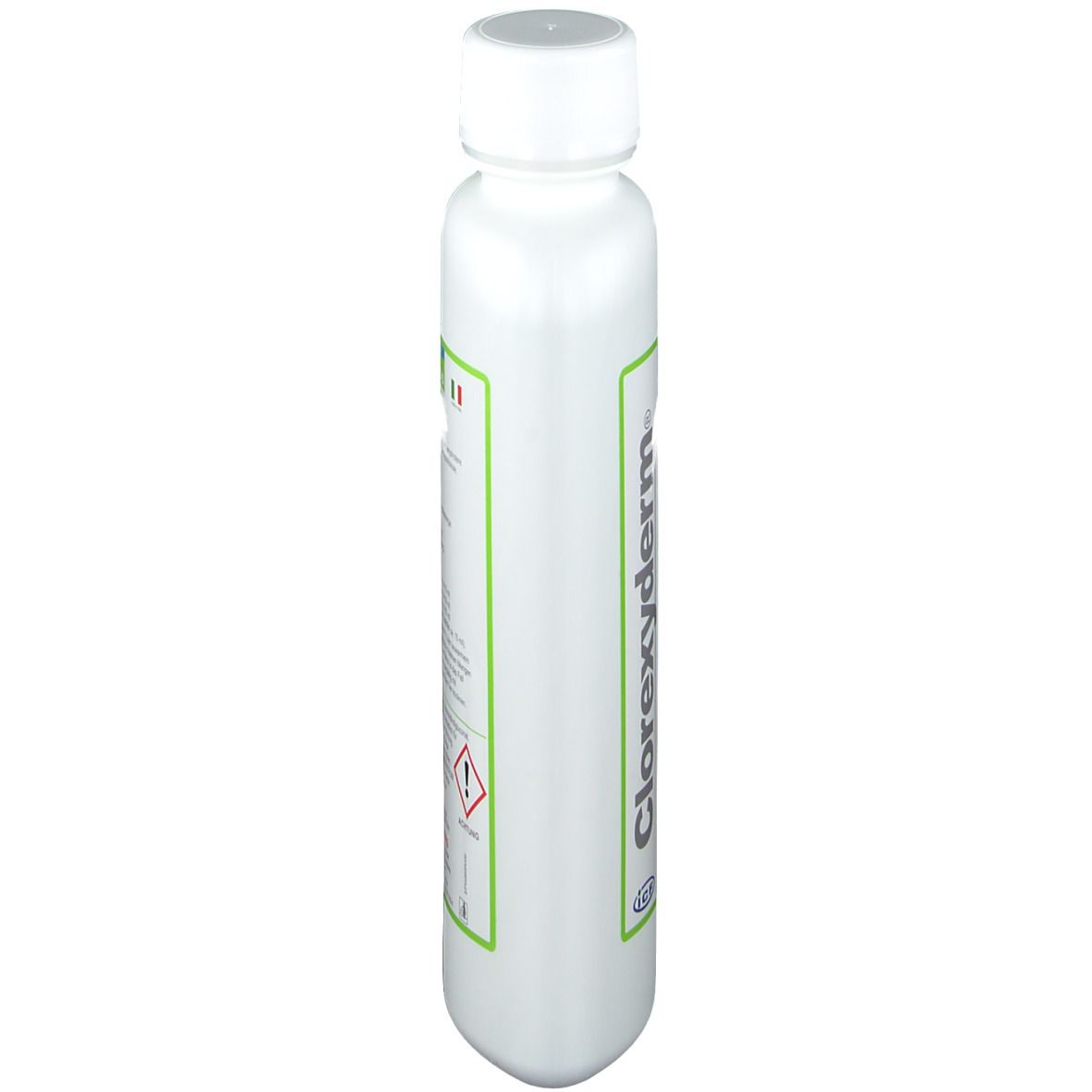Vista laterale di un flacone bianco con etichetta verde. Scritta Clorexyderm® Shampoo. Testo e avvertenza.