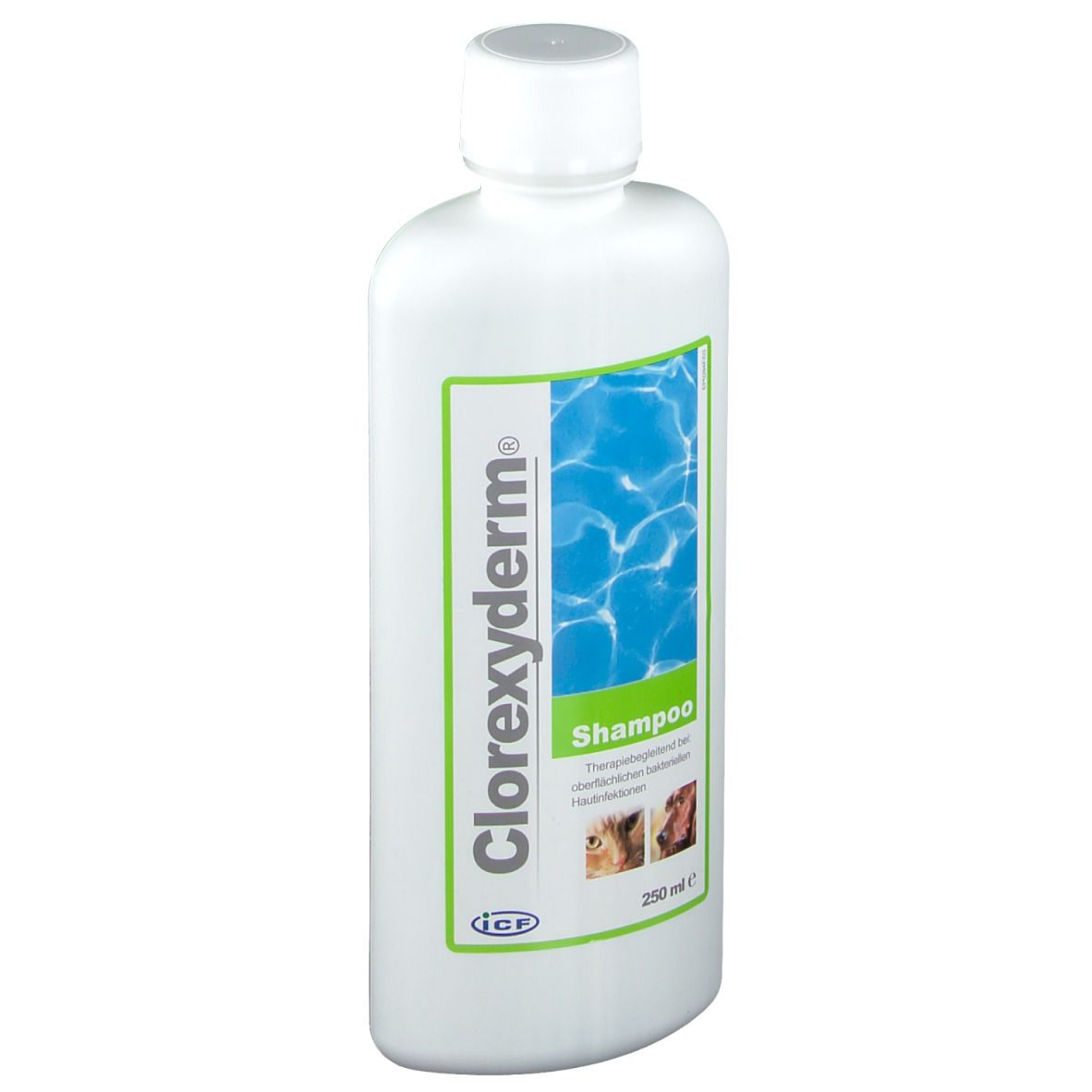 Flacone bianco con etichetta verde. Scritta Clorexyderm® Shampoo. 250 ml. Immagini di cani.