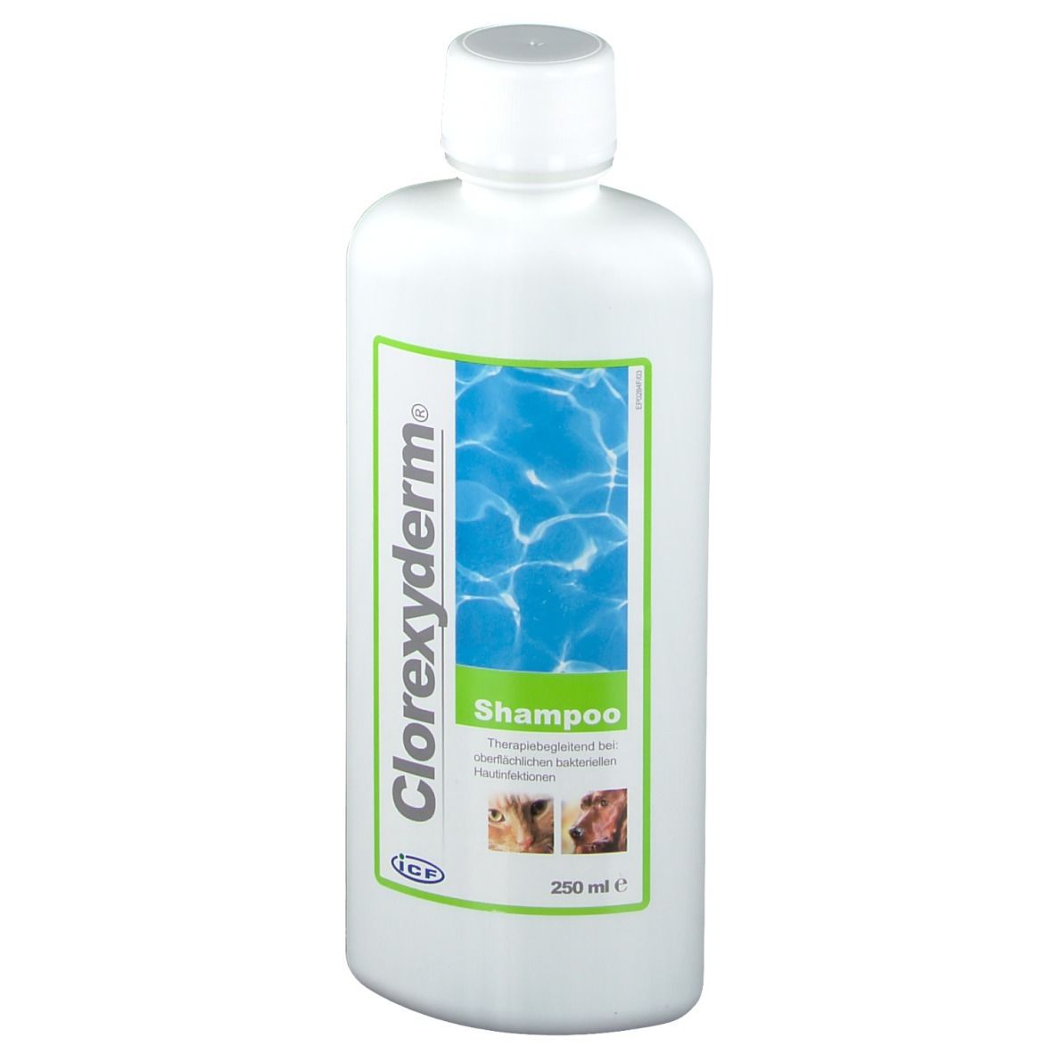 Flacone bianco con etichetta verde. Scritta Clorexyderm® Shampoo. 250 ml. Immagini di cani.