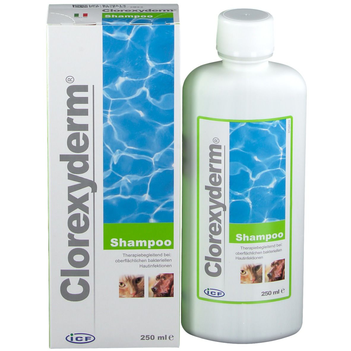 Confezione e flacone del prodotto. Scritta Clorexyderm® Shampoo. 250 ml. Immagini di cani.