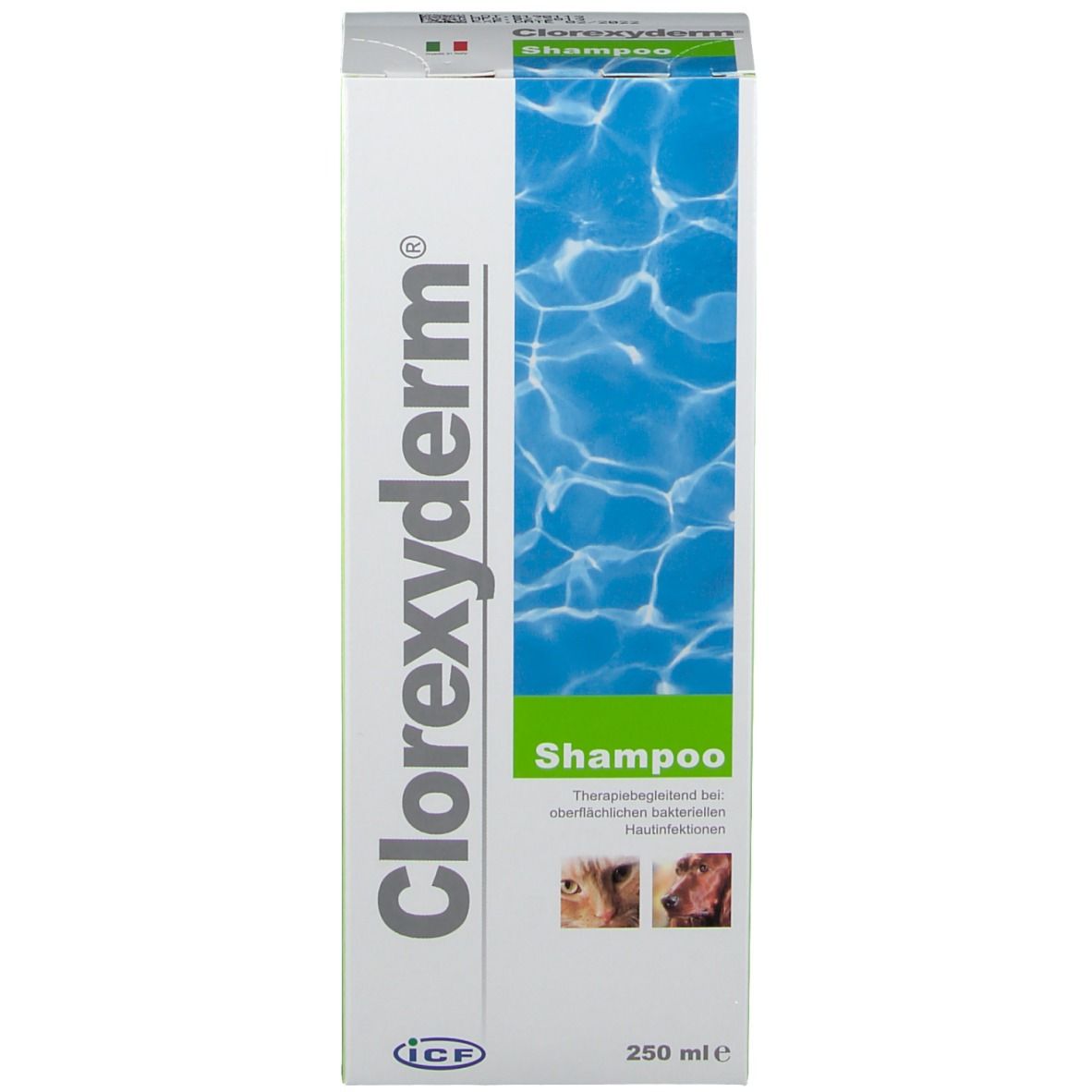 Confezione del prodotto. Scritta Clorexyderm® Shampoo. 250 ml. Immagini di cani.