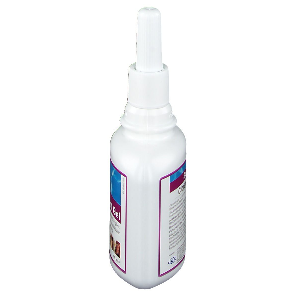 Flacone bianco con etichetta Spot Gel. Vista laterale. Con beccuccio dosatore. Testo e immagini di animali.