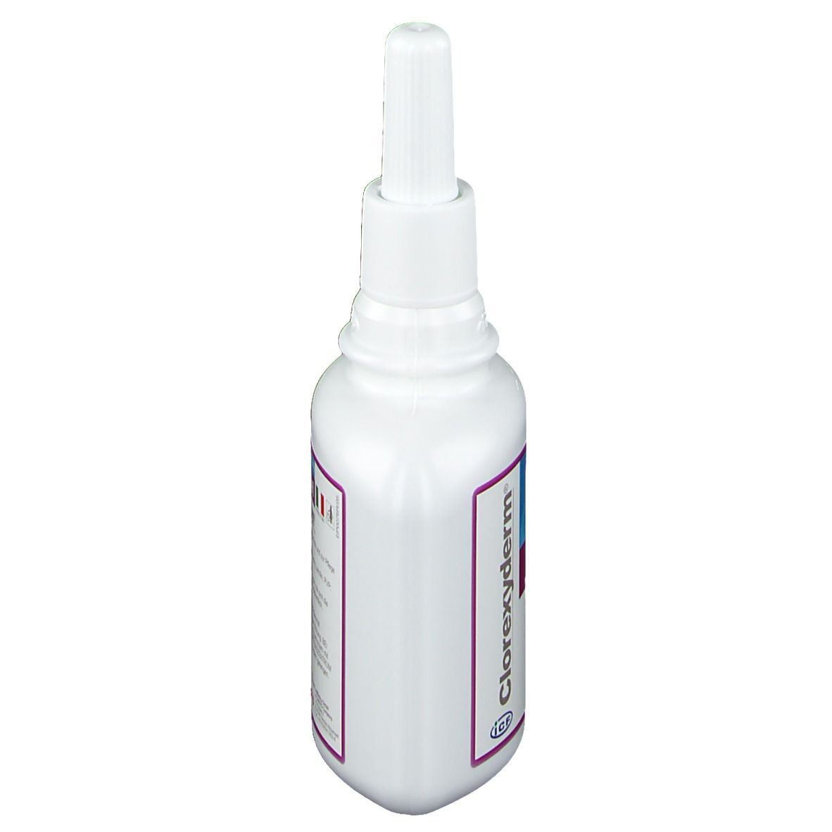 Flacone bianco con etichetta Spot Gel. Vista laterale. Con beccuccio dosatore. Testo sull'etichetta.