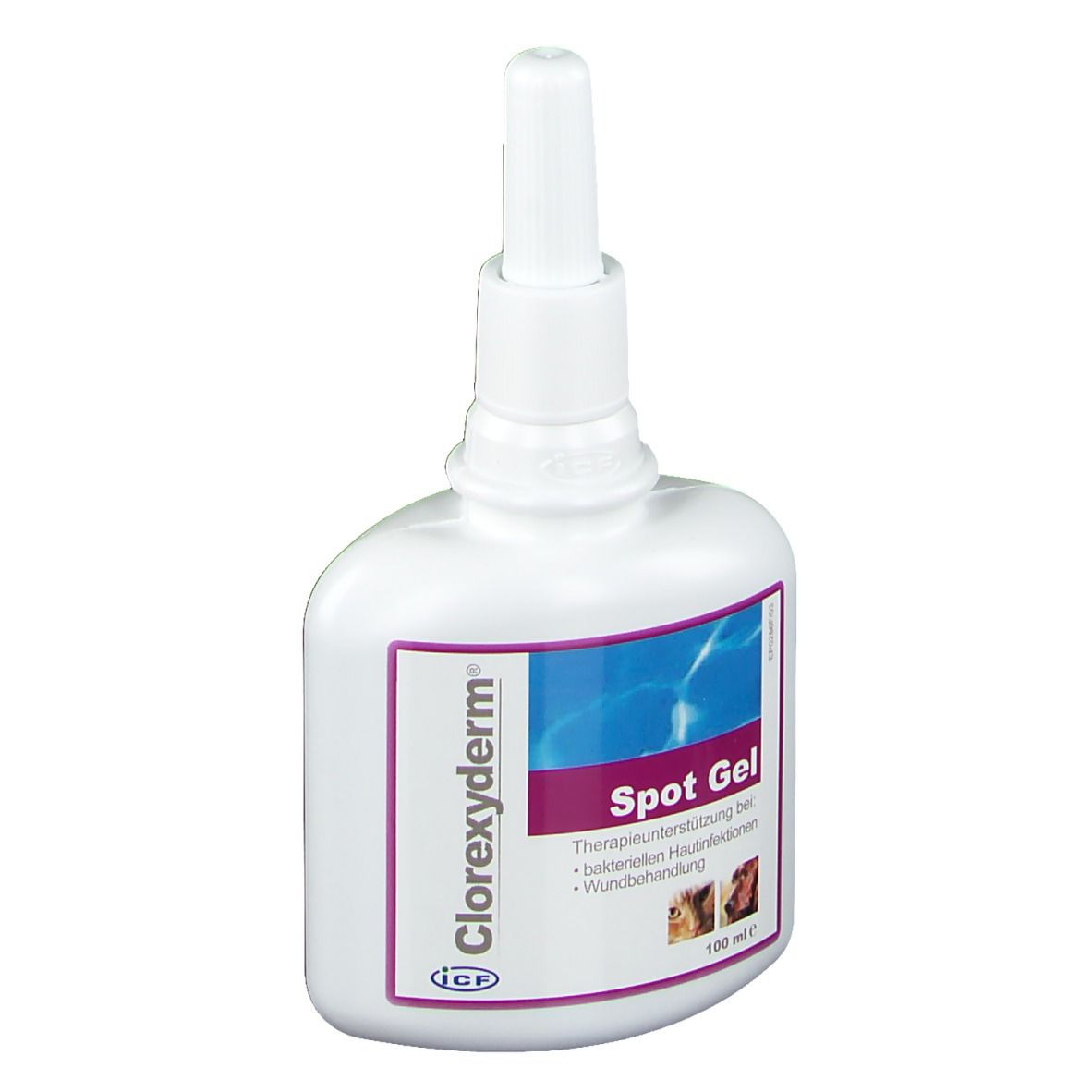 Flacone bianco con etichetta Spot Gel. Contiene testo e immagini di animali. Con beccuccio dosatore.