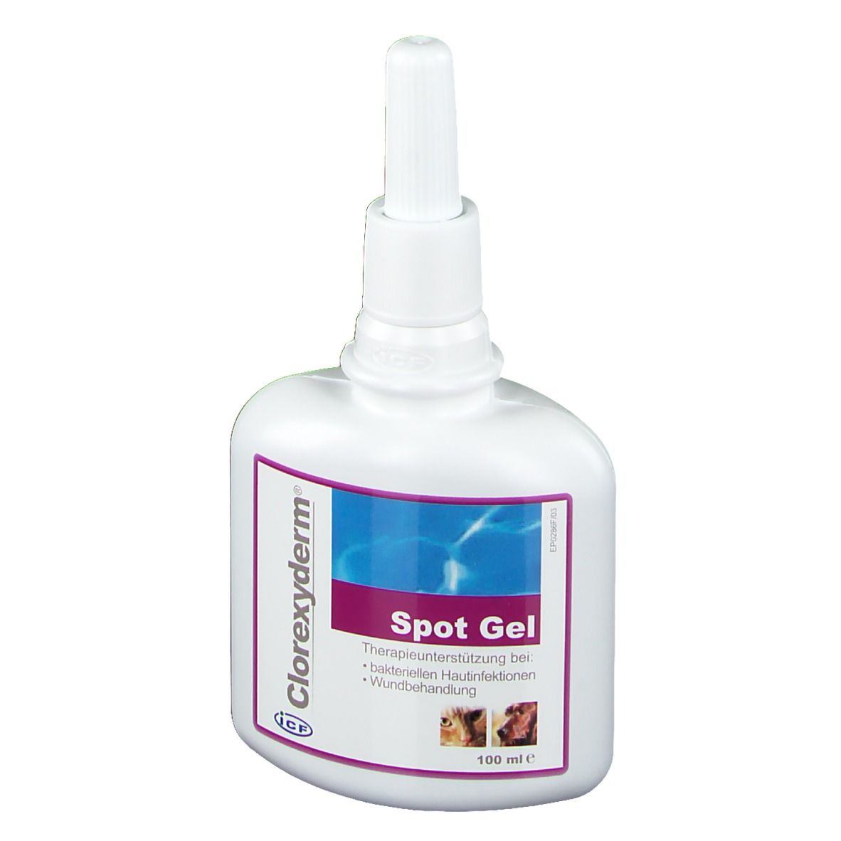 Flacone bianco con etichetta Spot Gel. Contiene testo e immagini di animali. Con beccuccio dosatore.