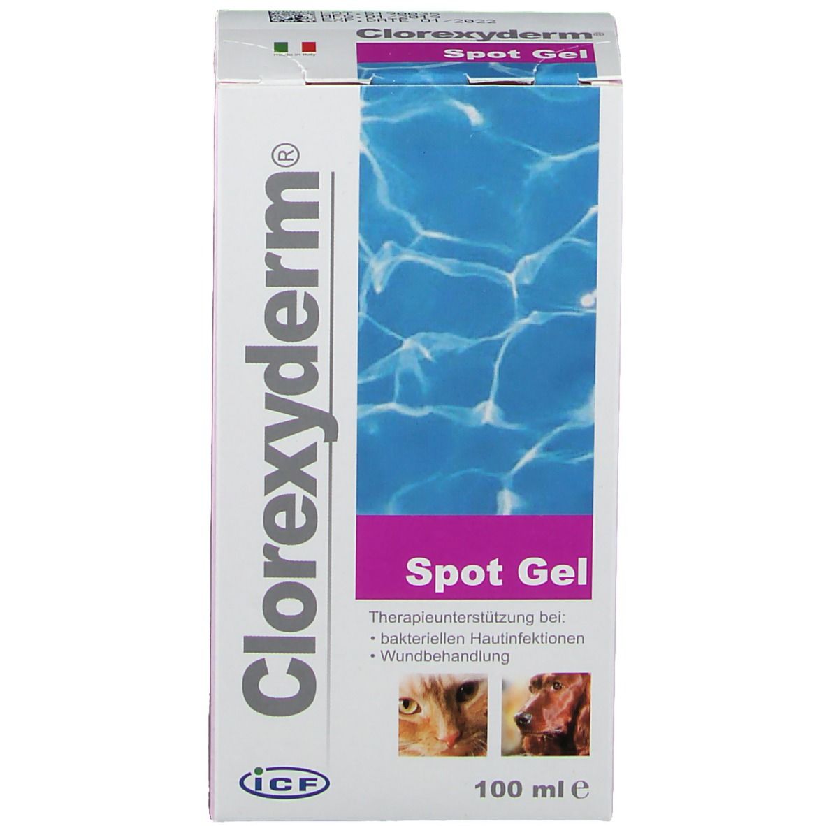 Confezione del prodotto. Scatola con logo e testo Spot Gel. Contiene testo e immagini di animali.
