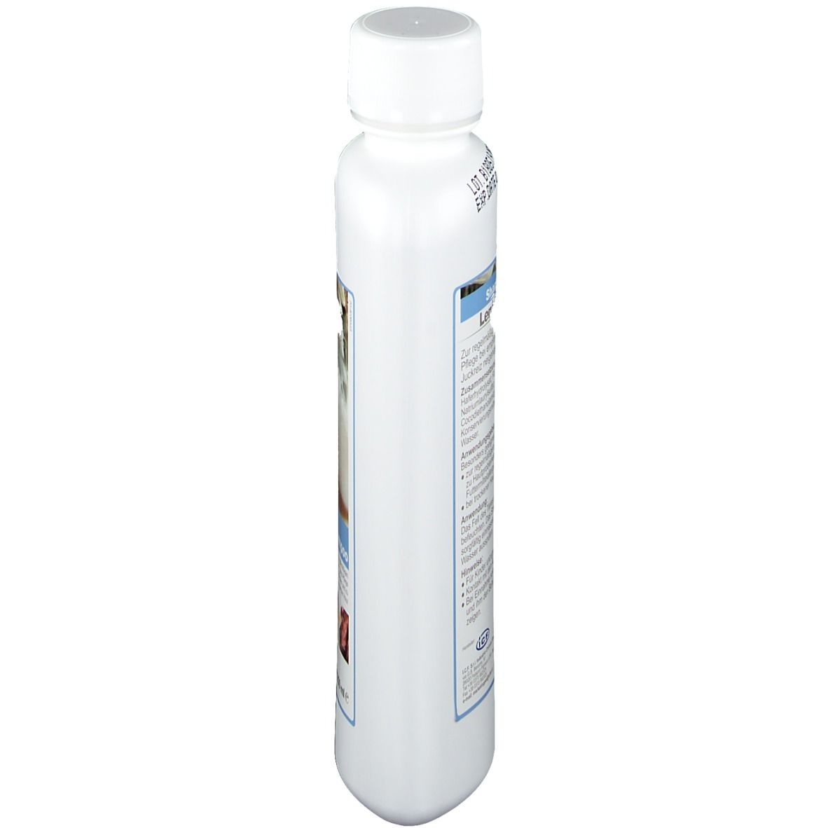Scatola di shampoo Leniderm, in diagonale. Bianco, blu e beige. Testo: Shampoo, 250 ml. Immagini di animali.