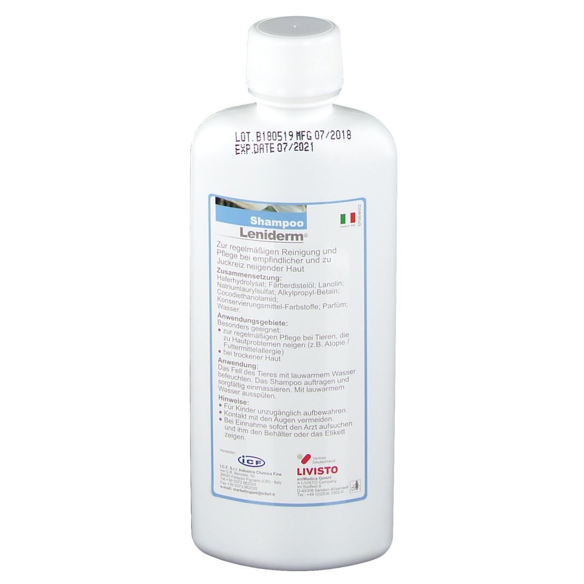 Retro della scatola di shampoo Leniderm. Testo in tedesco. Contiene istruzioni e ingredienti. Logo.