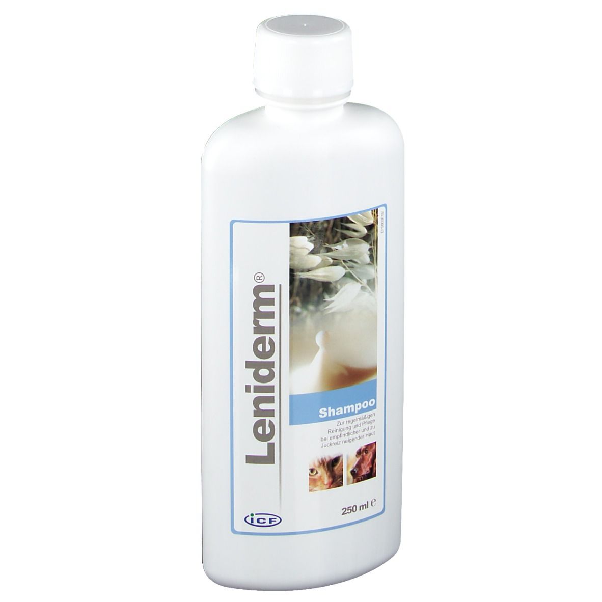 Scatola di shampoo Leniderm. Bianco, blu e beige. Testo: Shampoo, 250 ml. Immagini di animali.