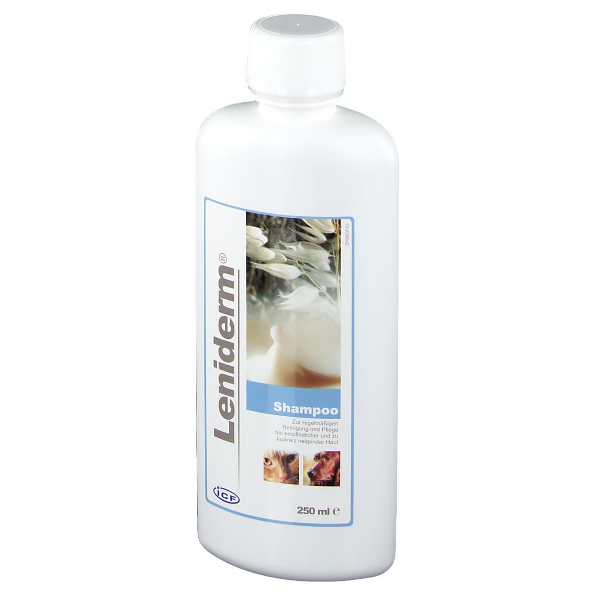 Scatola di shampoo Leniderm. Bianco, blu e beige. Testo: Shampoo, 250 ml. Immagini di animali.