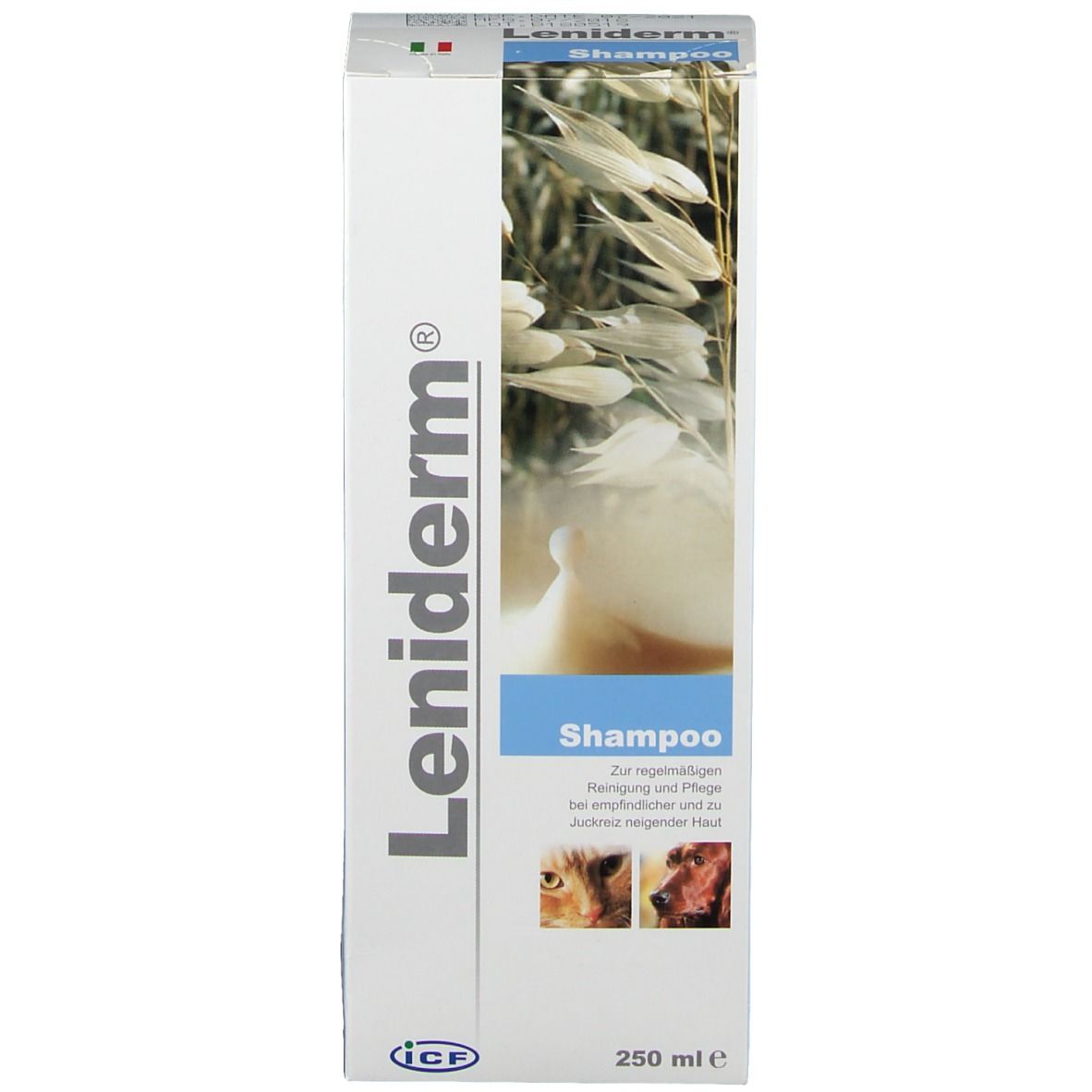 Scatola di shampoo Leniderm. Bianco, blu e beige. Testo: Shampoo, 250 ml. Immagini di animali.