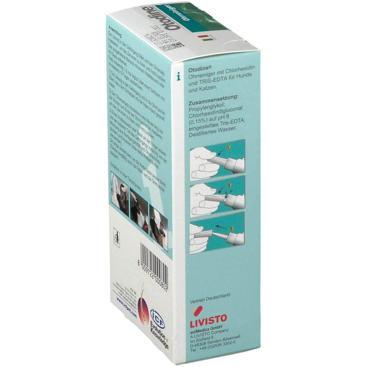 Confezione Otodine®. Vista laterale della scatola bianca con composizione e informazioni sul prodotto.