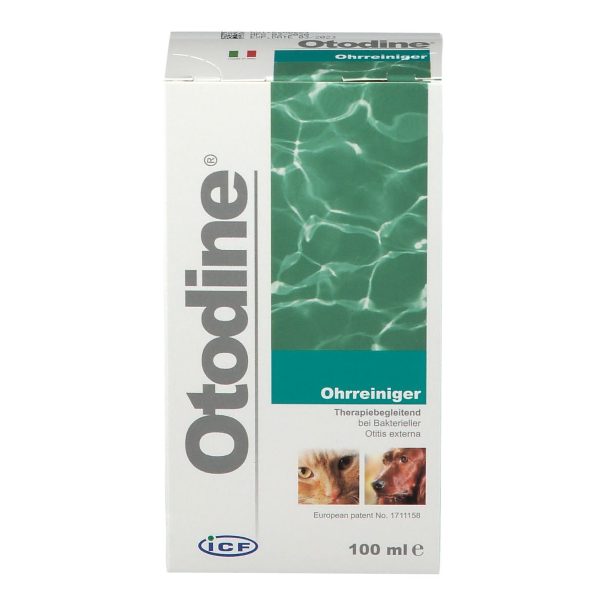 Confezione Otodine®. Vista frontale della scatola bianca con nome e informazioni sul prodotto.