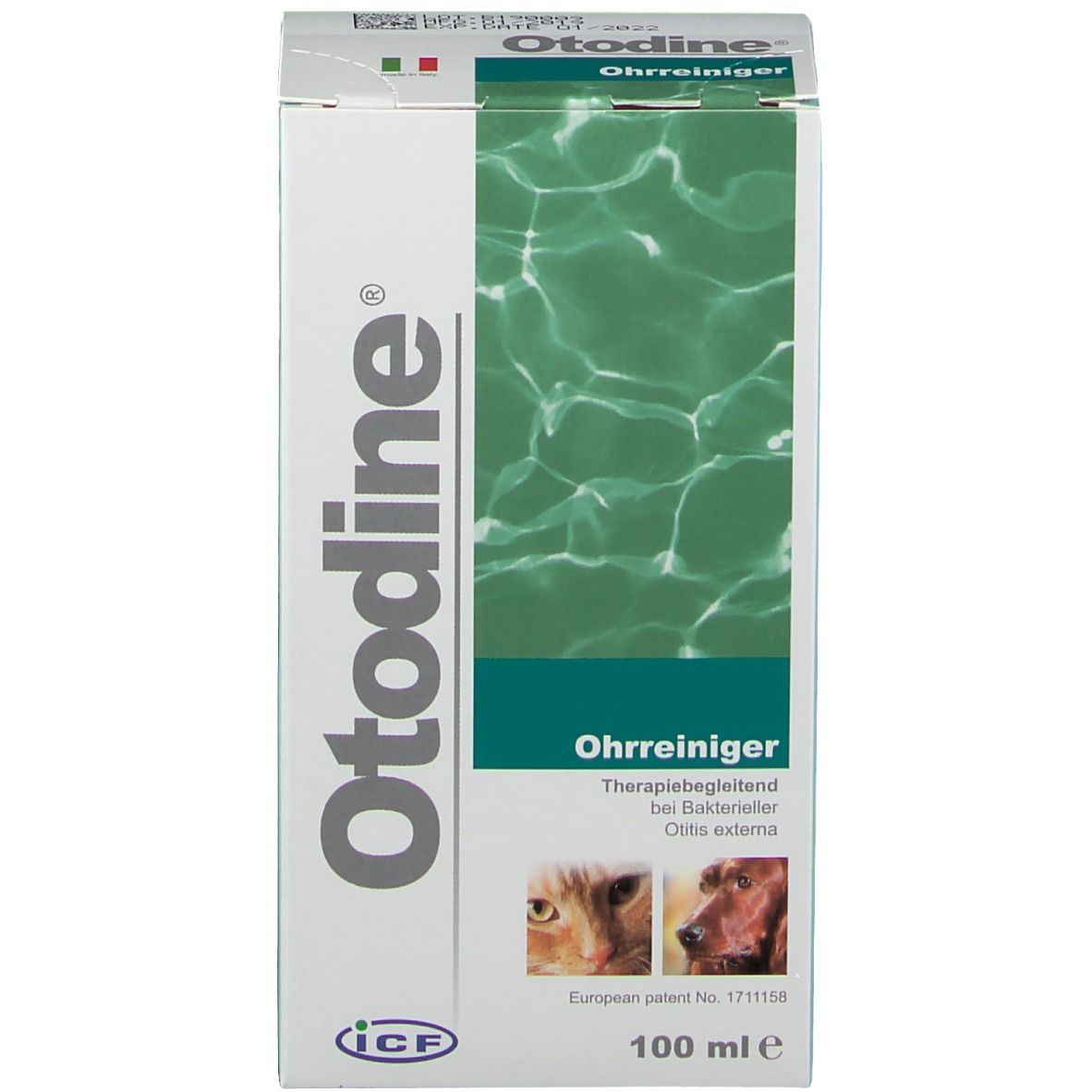 Confezione Otodine®. Vista frontale della scatola bianca con nome e informazioni sul prodotto.