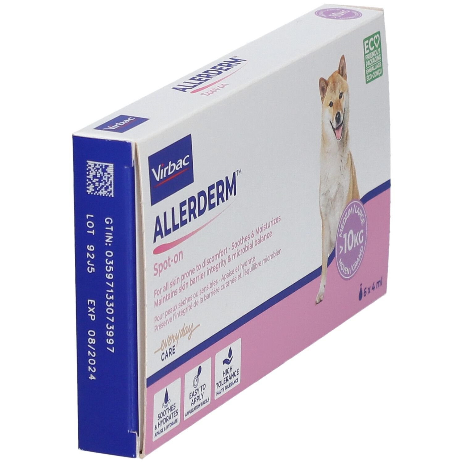 Confezione Allerderm Spot-on. Contiene 6 x 4 ml. Illustrazione cane e logo. Numero di lotto e scadenza.