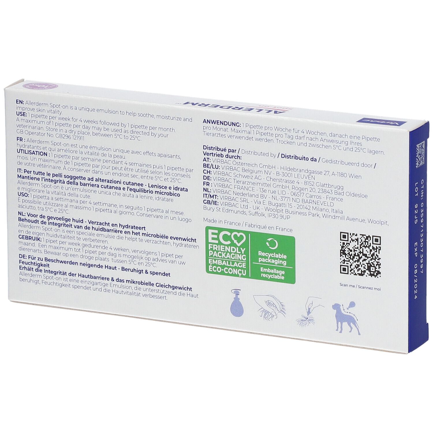 Retro della confezione Allerderm Spot-on. Testo multilingue. Con codice QR e simboli di riciclo.