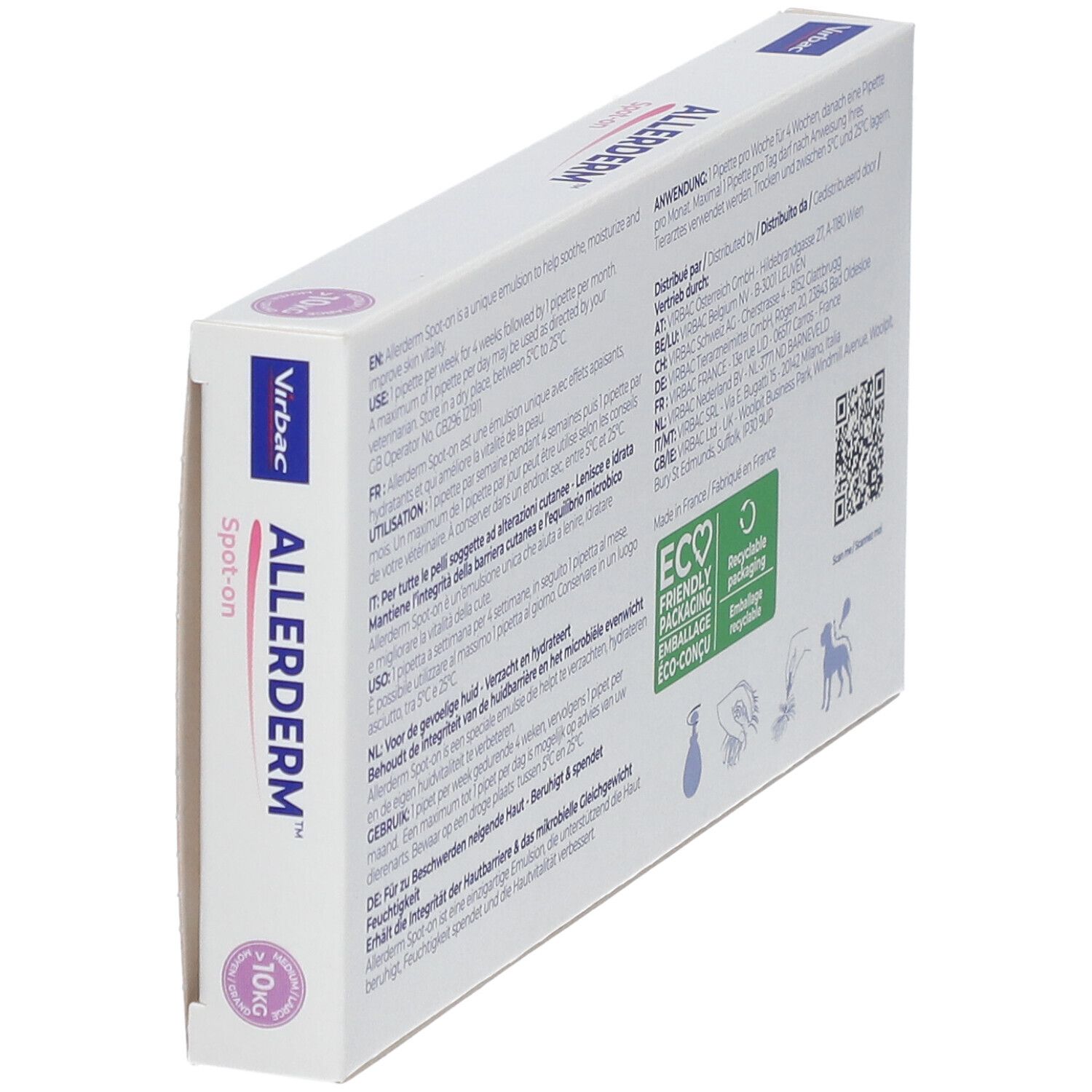 Confezione Allerderm Spot-on. Vista posteriore. Testo multilingue. Con simboli di riciclo.
