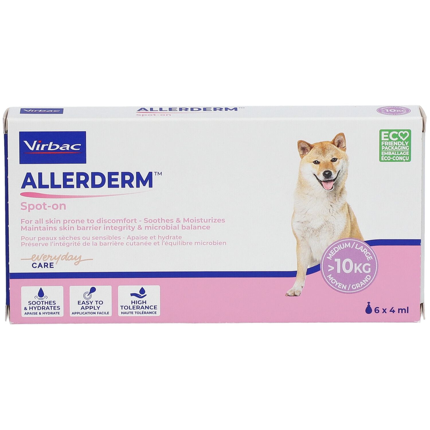 Confezione Allerderm Spot-on. Contiene 6 x 4 ml. Illustrazione cane e logo. Per cani oltre 10 kg.