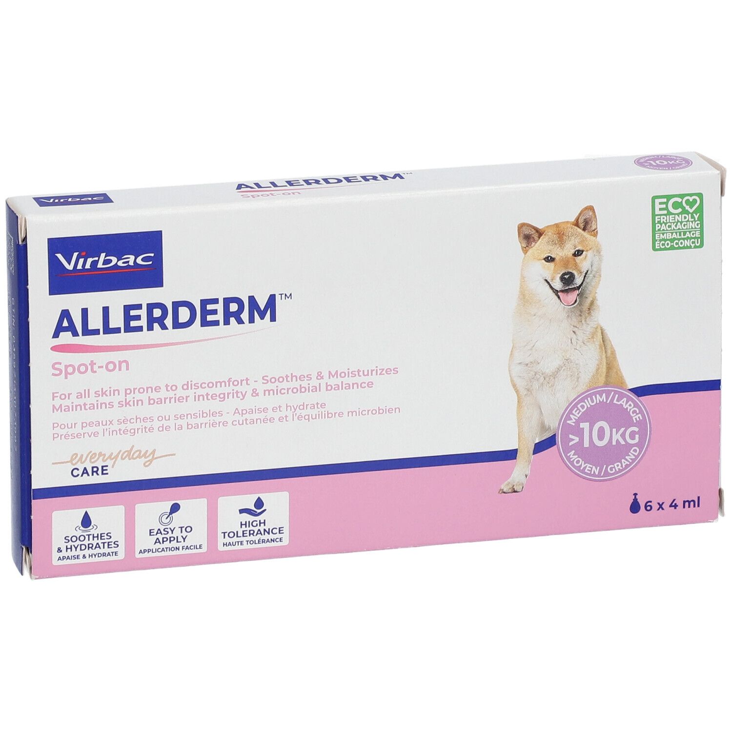 Confezione Allerderm Spot-on. Contiene 6 x 4 ml. Illustrazione cane e logo. Per cani oltre 10 kg.