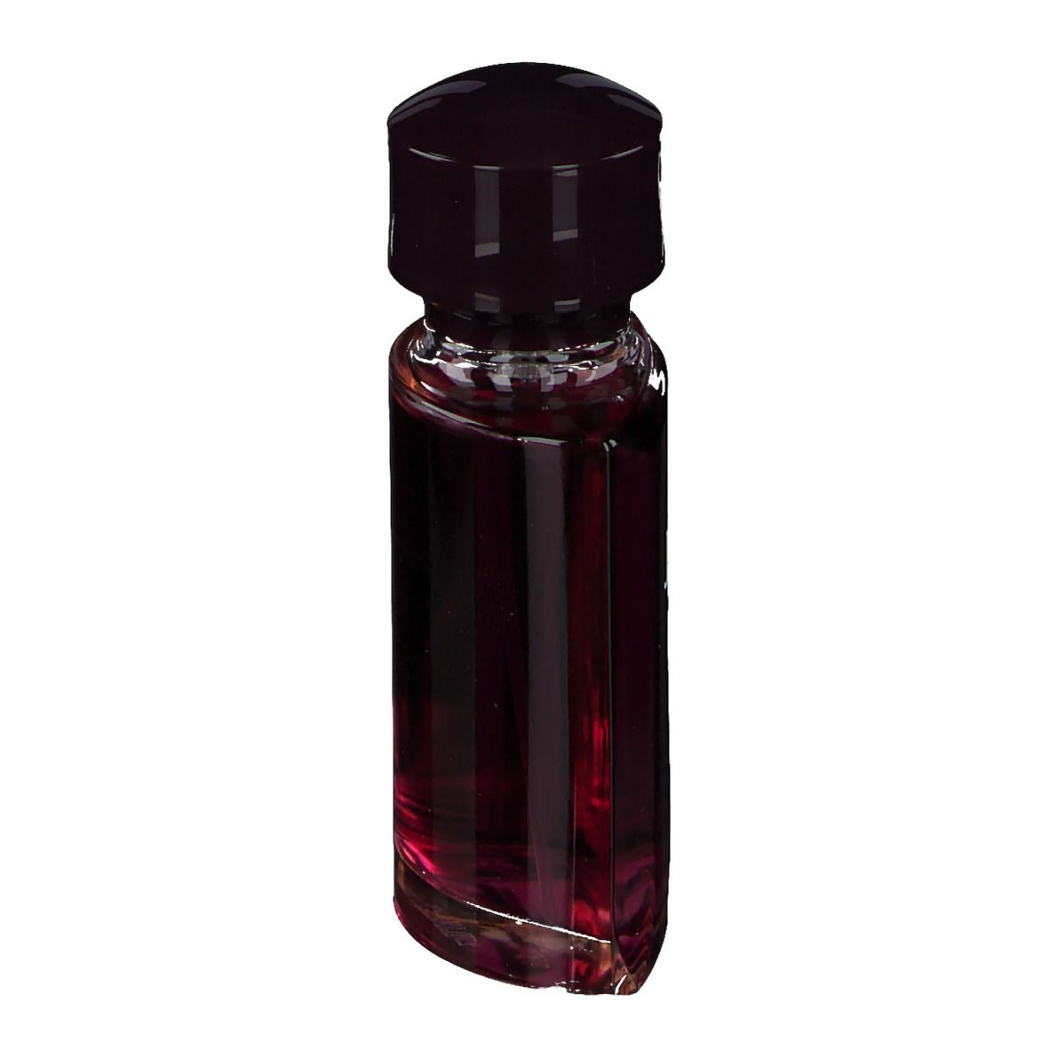 Flacone JOOP! HOMME. Forma cilindrica, vetro rosso scuro, tappo nero. Senza scritte.