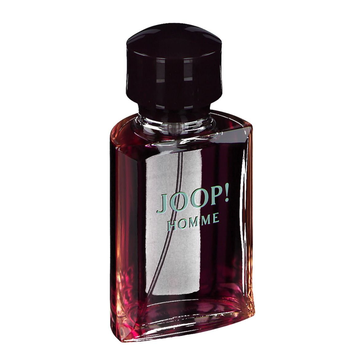 Flacone JOOP! HOMME. Forma rettangolare, vetro rosso scuro, tappo nero. Scritta JOOP! HOMME.