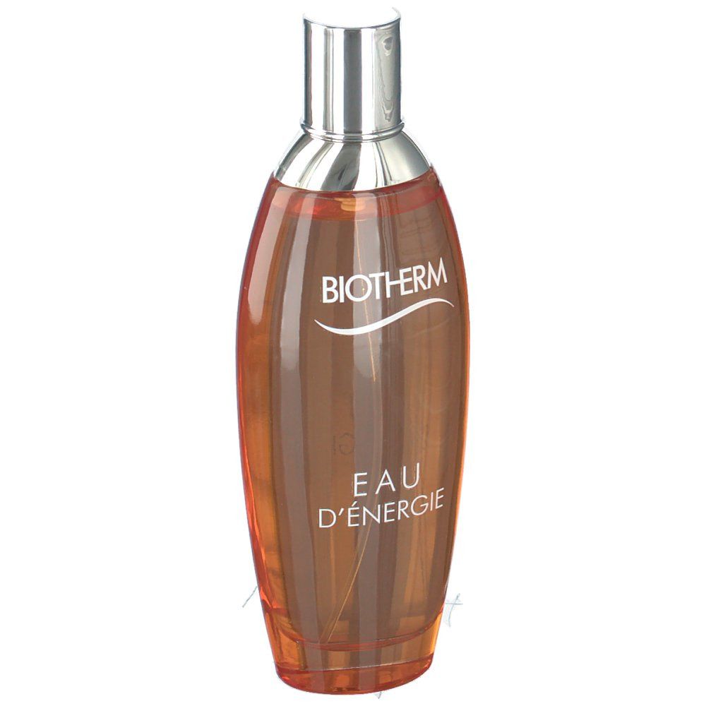 Flacone arancione con tappo argentato. Scritta: BIOTHERM, EAU D'ENERGIE.
