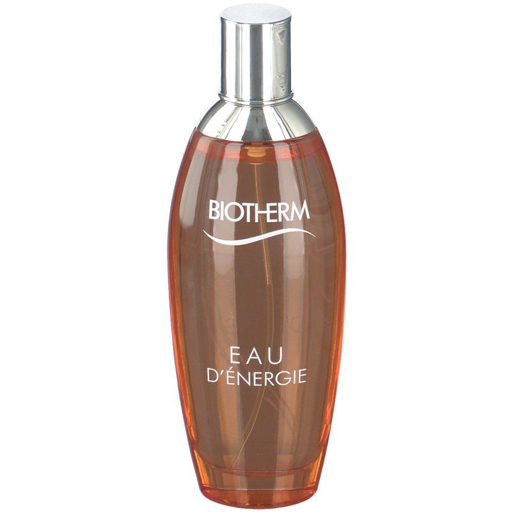Flacone arancione con tappo argentato. Scritta: BIOTHERM, EAU D'ENERGIE.