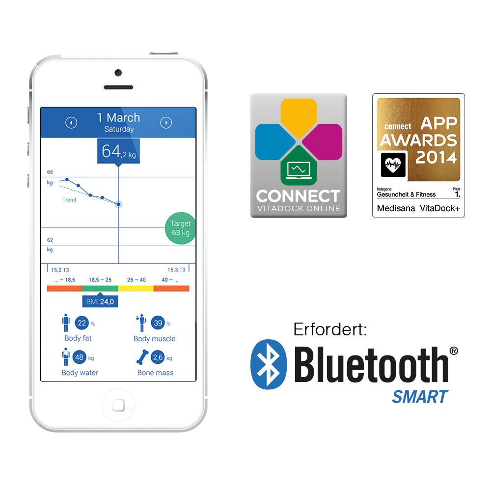 Smartphone con display app. Grafico, dati corporei e logo Bluetooth. Premi Connect e App.