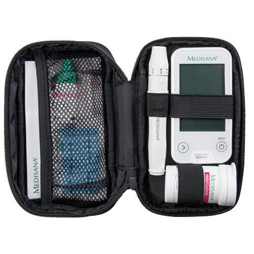 Custodia nera con glucometro, pungidito, strisce reattive e accessori. Marchio: MEDISANA.