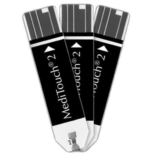 Tre strisce reattive nere per la misurazione della glicemia. Scritta: MediTouch 2.
