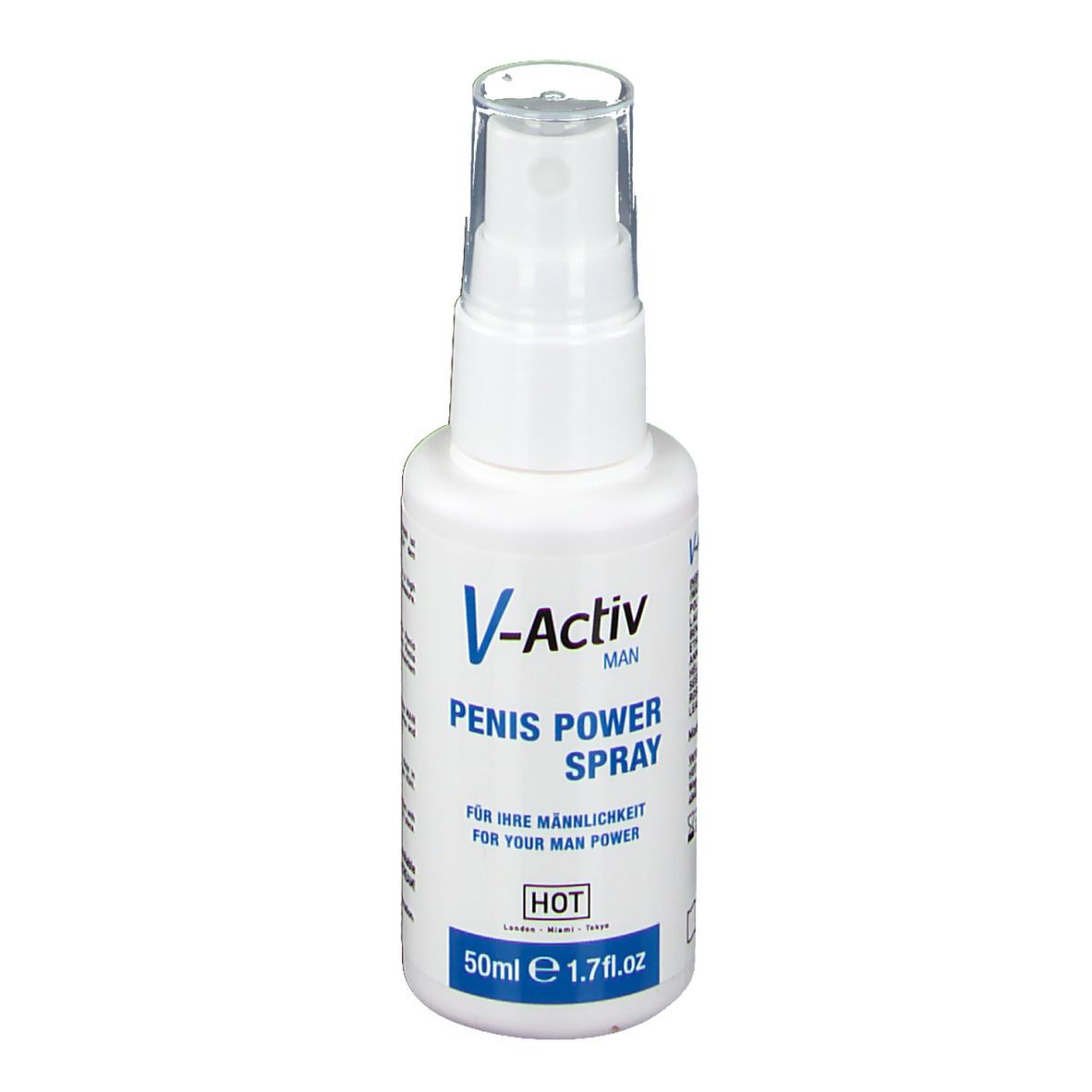 Flacone spray bianco con tappo trasparente. Scritta: V-Activ MAN, Penis Power Spray, 50ml e 1.7 fl.oz.