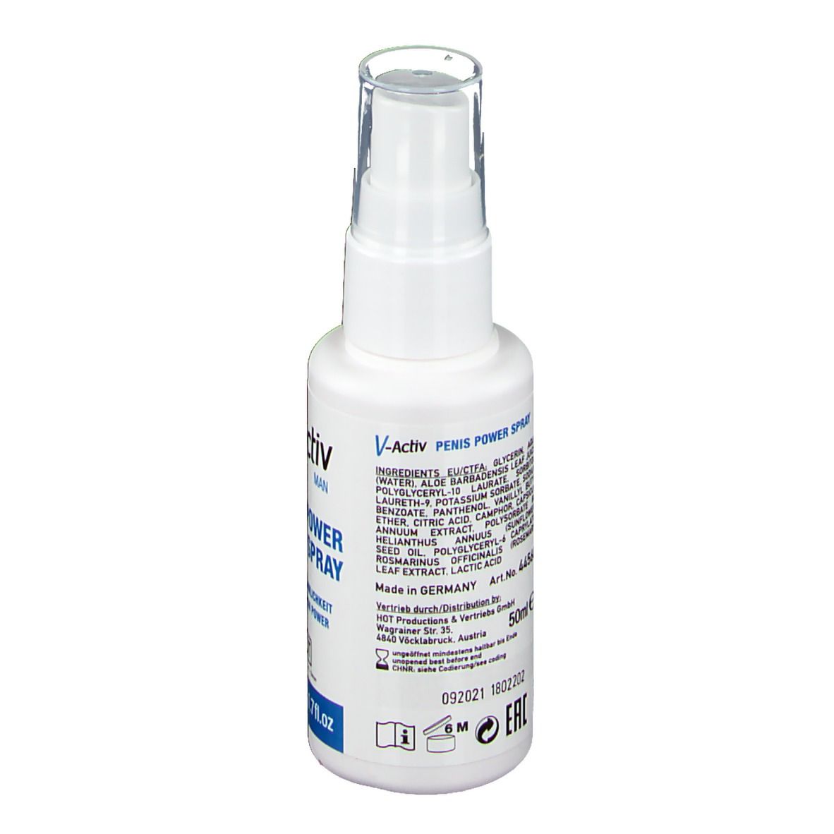 Retro del flacone spray bianco. Contiene ingredienti e informazioni del produttore. 50ml e 1.7 fl.oz.