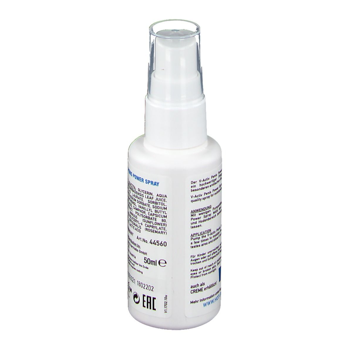 Retro del flacone spray bianco. Contiene ingredienti e informazioni del produttore. 50ml e.
