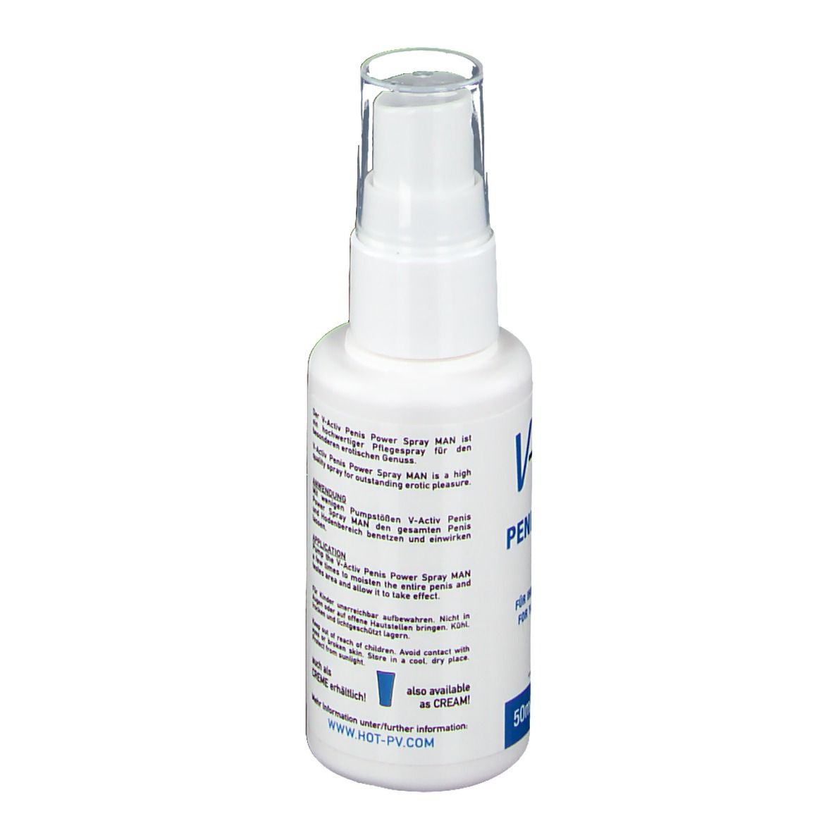 Retro del flacone spray bianco. Contiene istruzioni per l'uso e informazioni del produttore. 50ml e.