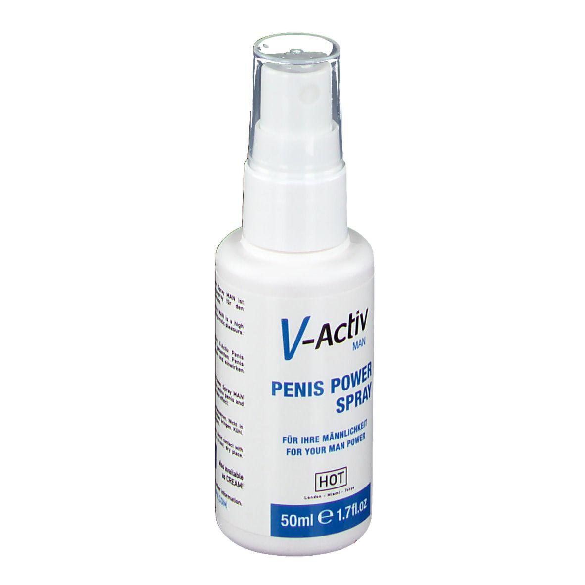 Flacone spray bianco con tappo trasparente. Scritta: V-Activ MAN, Penis Power Spray, 50ml e 1.7 fl.oz.