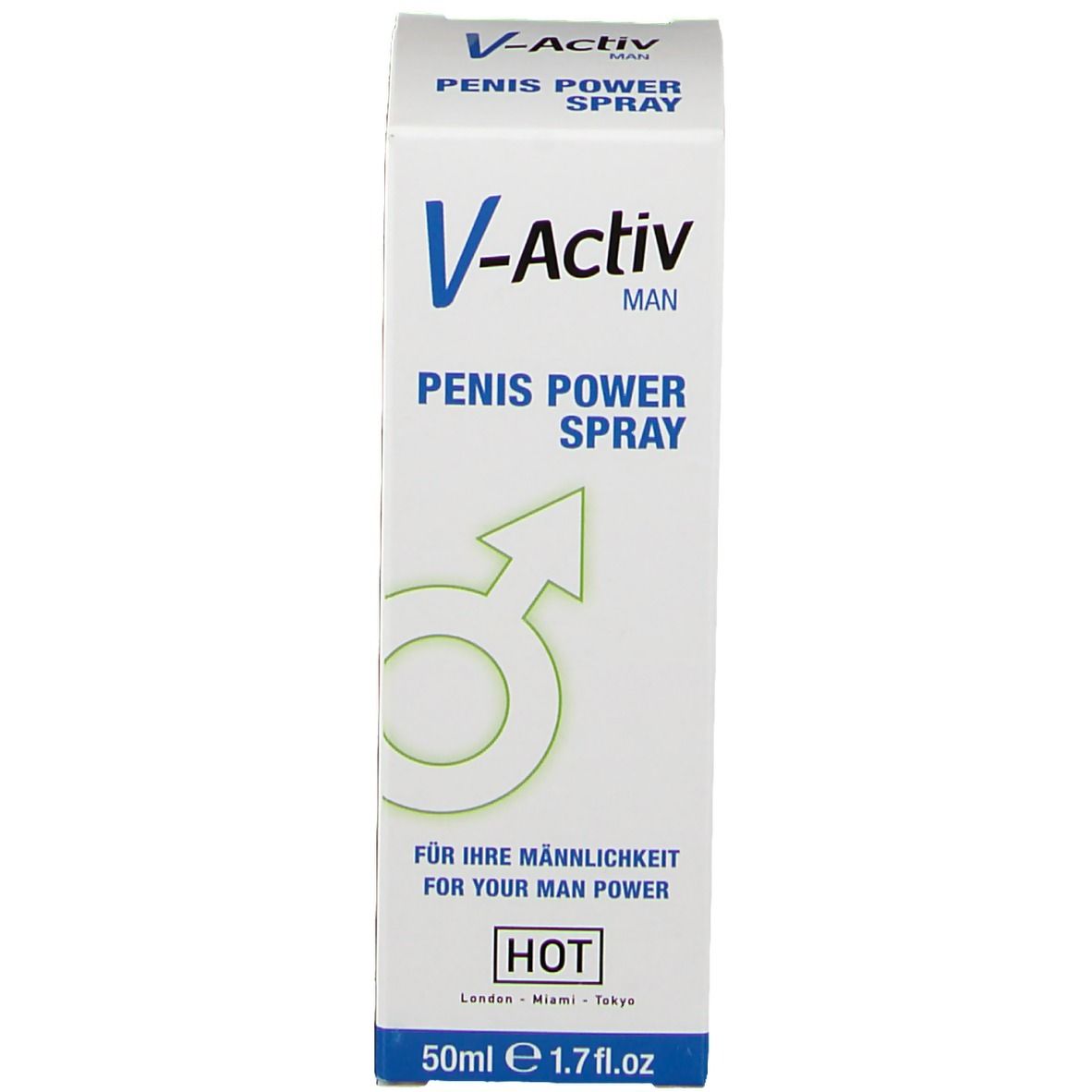 Confezione del prodotto. Scritta: V-Activ MAN, Penis Power Spray. 50ml e 1.7 fl.oz.