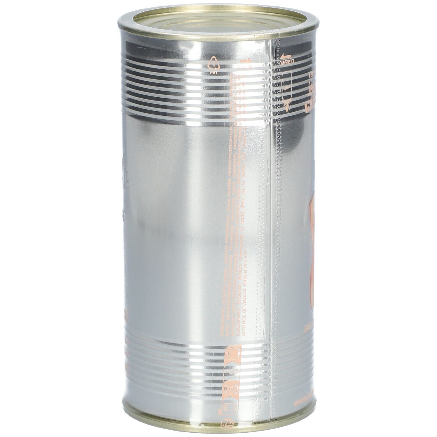 Latta cilindrica in metallo. Superficie liscia, argentata. Senza altri dettagli o scritte.