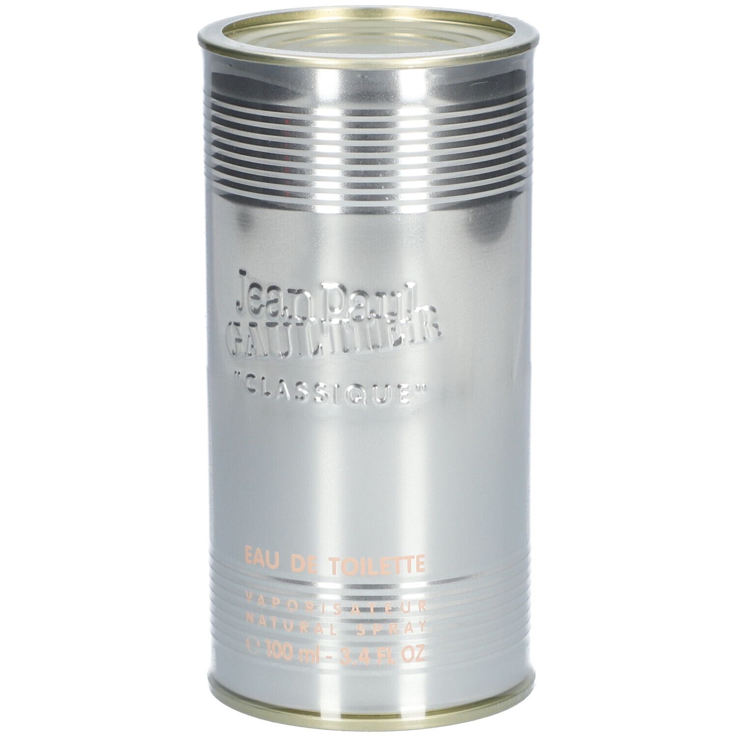 Latta cilindrica in metallo. Scritta: Jean Paul Gaultier, Classique, Eau de Toilette. Argentata.