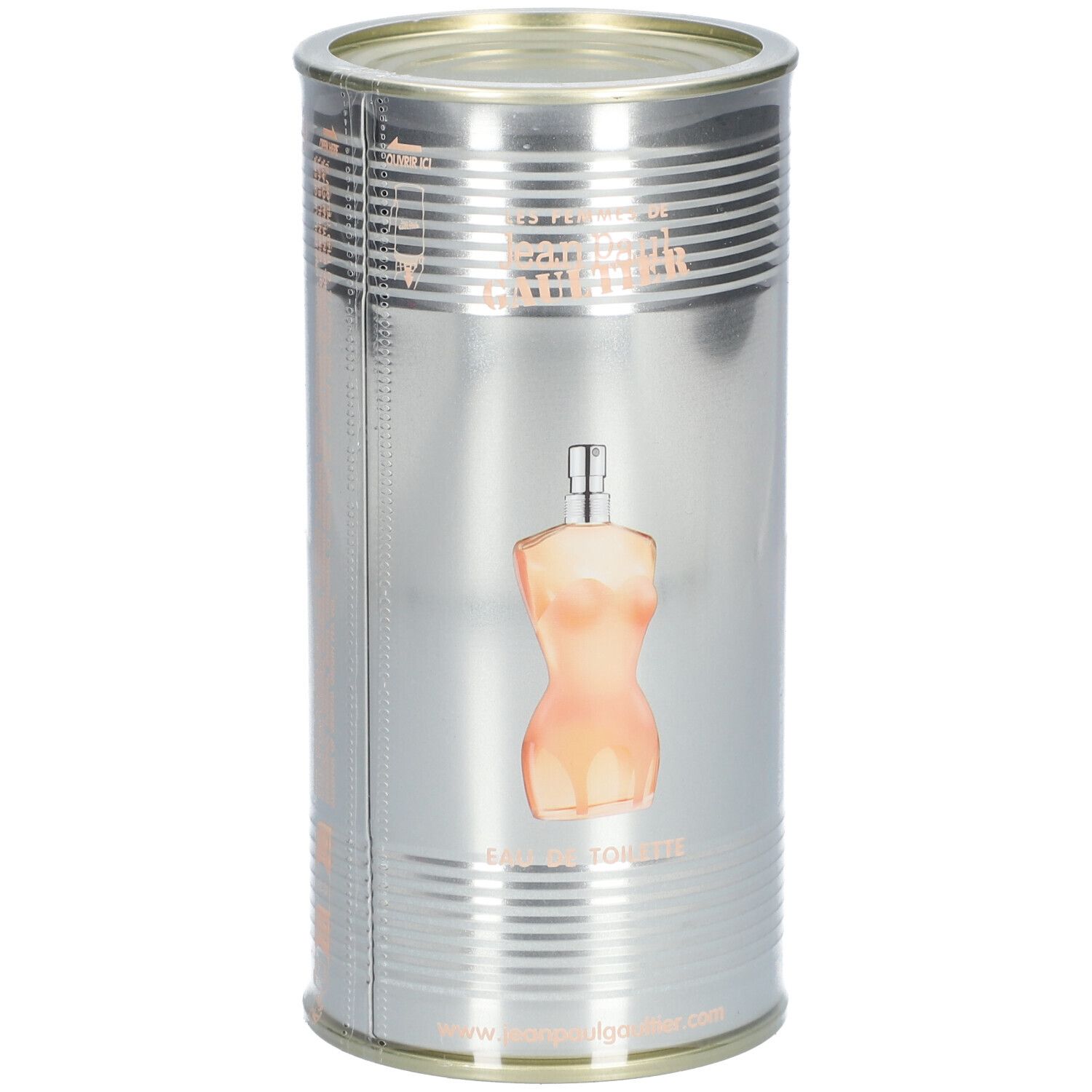 Latta cilindrica con design di flacone di profumo. Scritta: Eau de Toilette. Flacone a forma di corpo femminile.